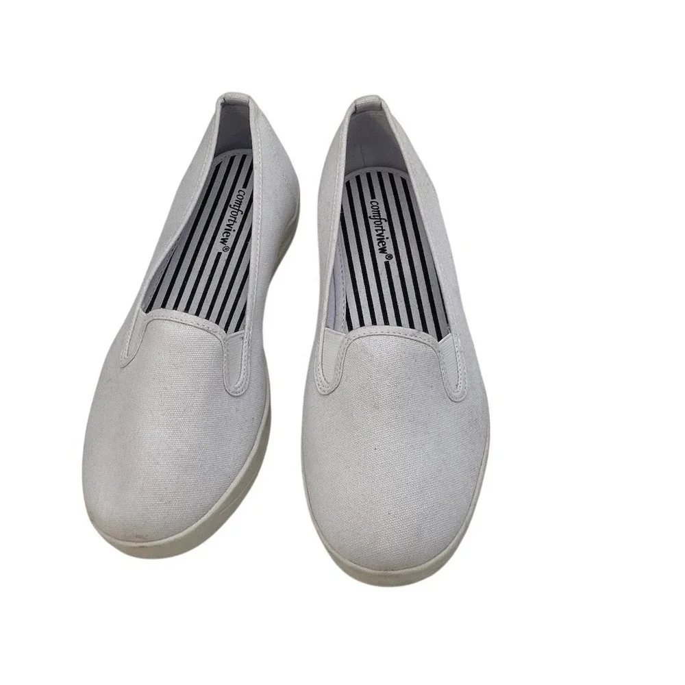 Comfortview Womens Slip-On Sneakers White Canvas Twin‎ Gore Casual Shoes